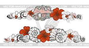 Composition of sea shells and exotic flowers - vector clipart