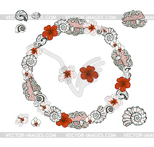 Wreath of sea shells and exotic flowers - vector image