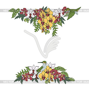 Hummingbirds and tropical flowers and leaves - vector image