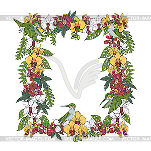 Hummingbirds and tropical flowers and leaves frame - vector image