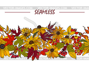 Autumn flowers, leaves and berries, seamless - stock vector clipart