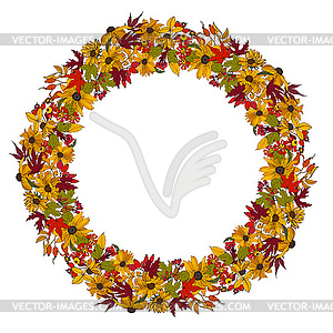 Wreath of autumn flowers, leaves and berries - vector clip art