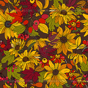 Autumn flowers, leaves and berries, seamless - vector image