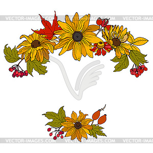 Autumn flowers, leaves and berries - vector image
