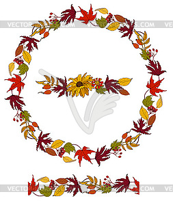 Wreath of autumn flowers, leaves and berries - vector clipart / vector image