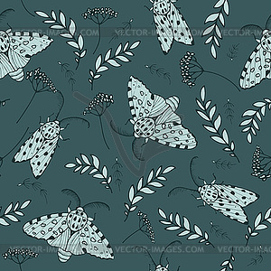 Night moths in meadow grass, seamless - royalty-free vector image