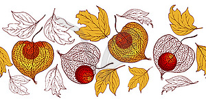 Физалис фруктовые и осенние листья бесшовные - стоковое векторное изображение
