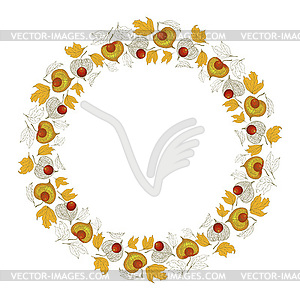 Wreath of physalis fruit and autumn leaves - vector image
