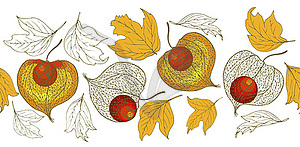 Physalis fruit and autumn leaves seamless - vector clipart