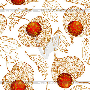 Physalis fruit and autumn leaves seamless - vector clip art