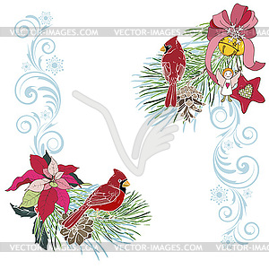 Christmas toys, birds cardinals and winter plants - vector clipart