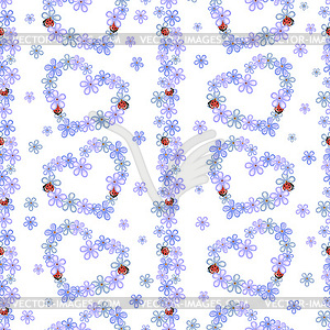 Heart-shaped forget-me-not flowers and ladybugs - vector image