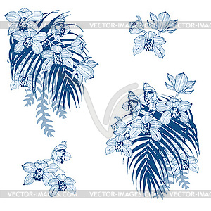 Blue orchids and tropical leaves - vector clipart