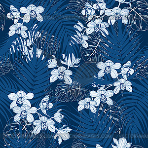 Orchids and tropical leaves seamless - vector image