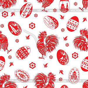 Easter pattern with roosters and painted eggs - vector EPS clipart
