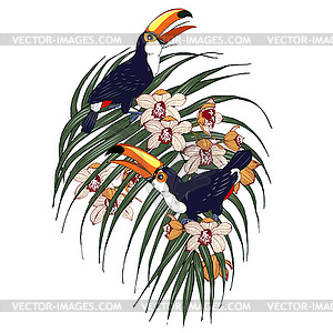 Toucans and tropical plants and flowers - vector clip art