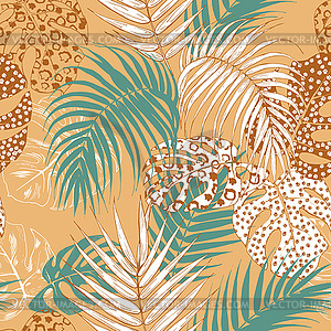 Leaves of tropical palms with animal print seamless - vector clipart