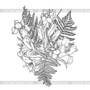 Lilies and irises with fern leaves, monochrome - vector clip art