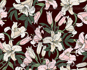 Бесшовные белые и розовые цветы лилии - векторный эскиз