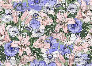 Pink lilies and blue anemones, seamless - vector image