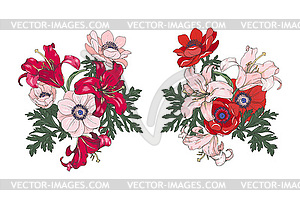 Red and pink flowers of lilies and anemones set - vector clipart