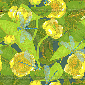 Yellow water Lily flowers and leaves, dragonflies - vector clipart