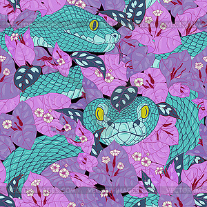 Snakes among bougainvillea flowers, seamless - vector clip art