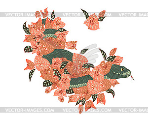 Snake in thicket of pink tropical flowers - royalty-free vector image