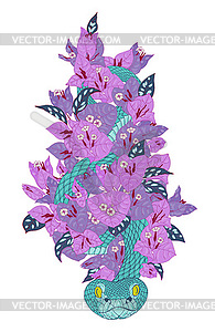 Snake in a thicket of pink tropical flowers - vector image