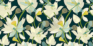 White Lotus flowers and dragonflies - vector clip art