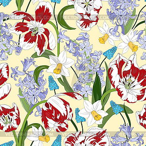 Весенние цветы, тюльпаны, нарциссы и гиацинты - иллюстрация в векторе