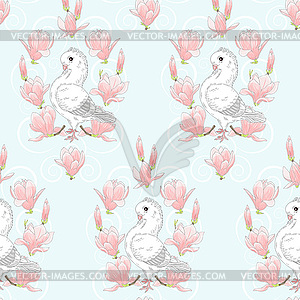 White doves and pink magnolia flowers - vector image