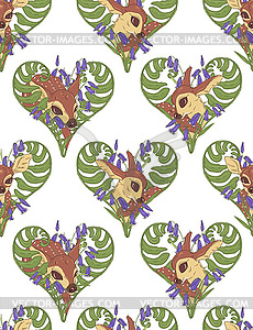 Young deers and fern leaves and bell flowers, - vector image