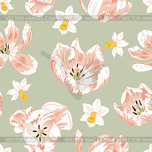 Pink tulips and daffodils, spring flowers, seamless - vector clip art