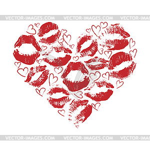 Heart made of red lipstick prints on a white background - vector image