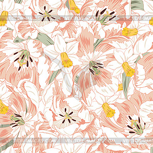 Pink tulips and daffodils seamless - vector clipart