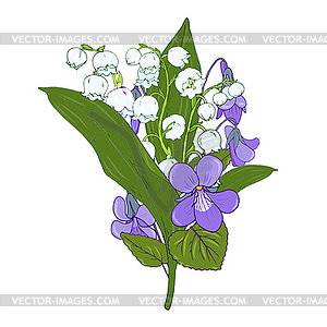 Bouquet of forest lilies of valley and violets - color vector clipart