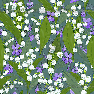 Forest lilies of valley and violets on dark - vector image