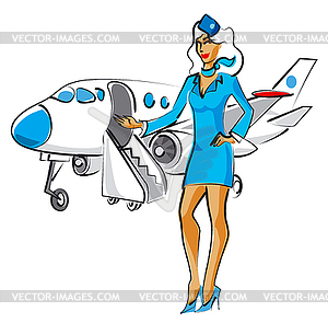 Stewardess with passenger airplane - vector image