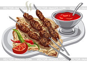 Grilled kebab with pita - vector image