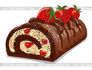 Chocolate strawberry roll cake - vector image