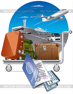 Luggage on trolley in airport - vector image