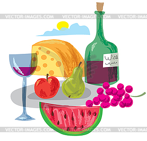 Dinner with fruits and wine - vector image