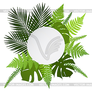 Tropical leaves background with white round - vector image