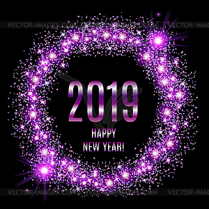2019 С Новым годом светящиеся фиолетовый фон - стоковое векторное изображение