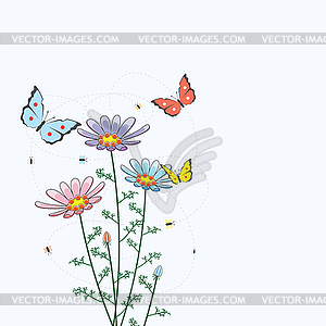 Background with camomile flowers and butterflies - vector image