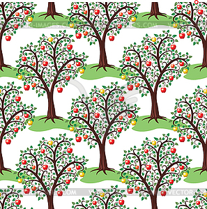 Seamless repeating pattern with apple trees with - vector clipart