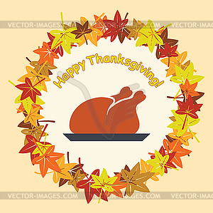 Cooked turkey for thanksgiving day and autumn leaves - vector clip art