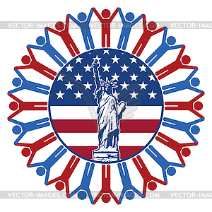 Icon with flag of United States of America, statue - vector image