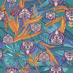 Pattern with wild cats and jungle plants - vector clipart